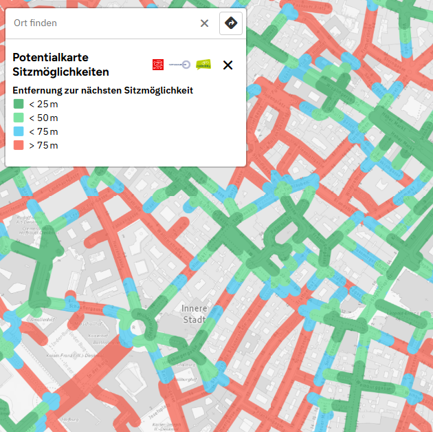 Das Bild zeigt einen Ausschnitt der neuen Potenzialkarte Sitzmöglichkeiten für Wien. Die grün eingefärbten Straßenabschnitte sind gut mit Sitzgelegnehieten versorgt, die roten Straßenabschnitte sind unterversorgt.